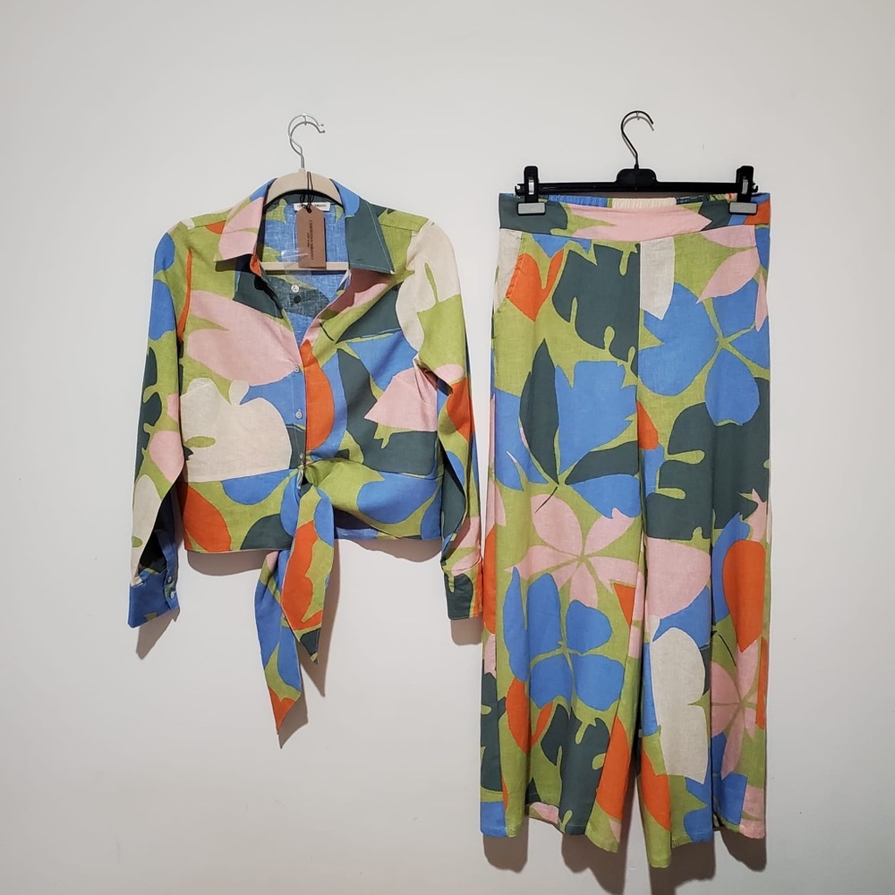 Christian Siriano Tropical Print Pants & Shirt Linen Blend Medium